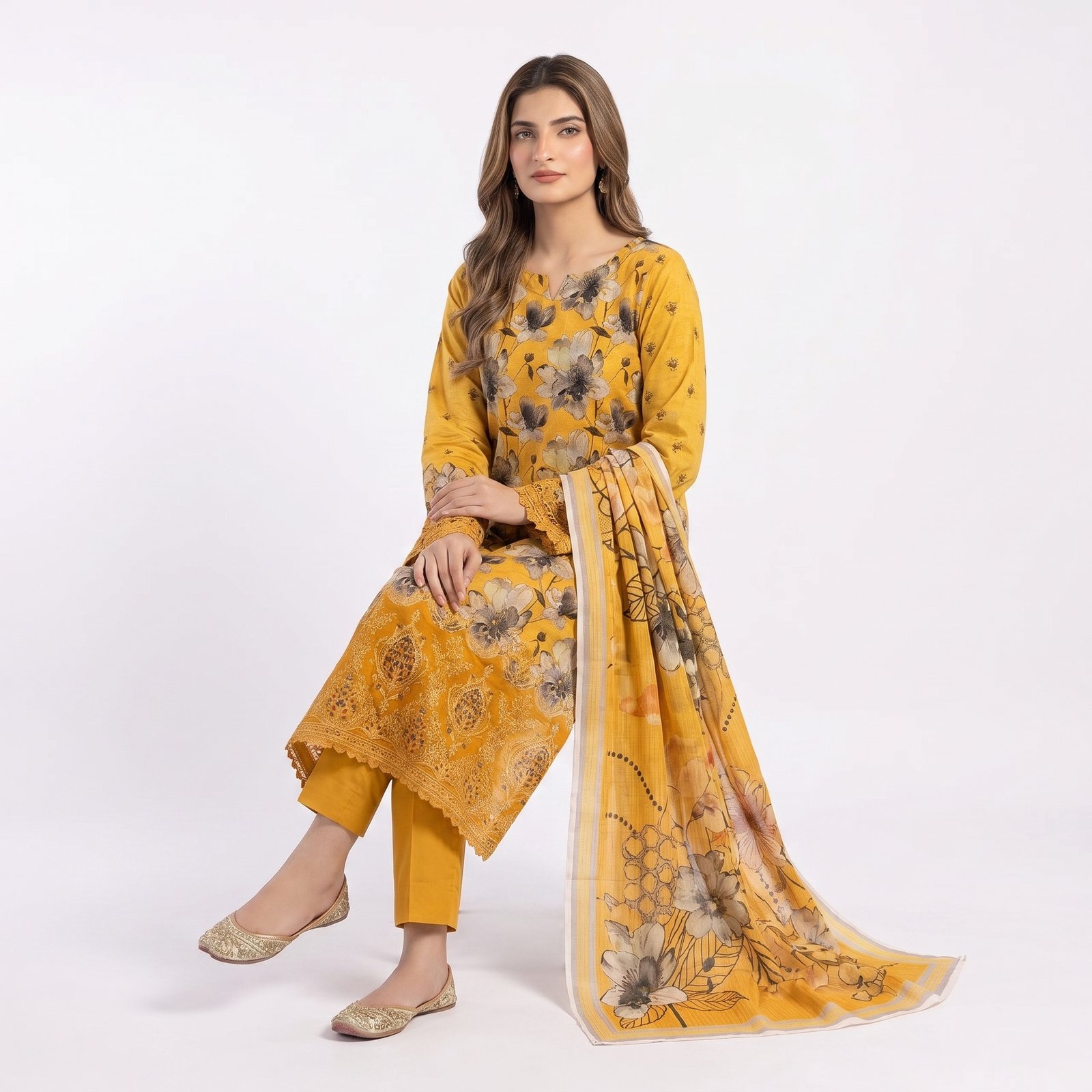 model seated in floral outfit 202608241253
